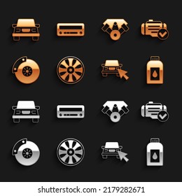 Set Alloy wheel for car, Check engine, Canister motor machine oil, Online sharing, Car brake disk with caliper, Power,  and audio icon. Vector