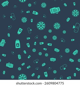 Set Alloy wheel for car, Check engine, Canister motor machine oil and Car mirror on seamless pattern. Vector