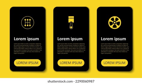 Set Alloy wheel for car, Engine piston and Gear shifter. Business infographic template. Vector
