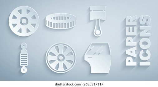 Set Alloy wheel for car, Engine piston, Shock absorber, Car door, air filter and  icon. Vector