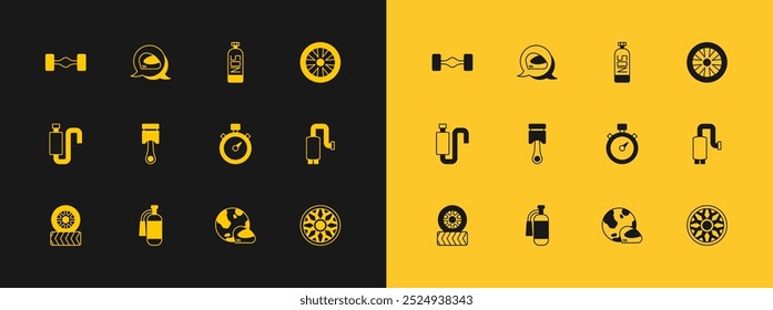 Definir roda de liga para carro, Extintor de incêndio, Cronômetro, Capacete de corrida, Pistão de motor, Óxido nitroso, Chassi e ícone. Vetor