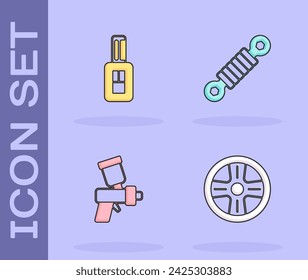 Set Alloy wheel, Car key with remote, Paint spray gun and Shock absorber icon. Vector