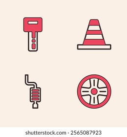 Set Alloy wheel, Car key with remote, Traffic cone and muffler icon. Vector