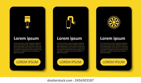 Set Rueda de aleación para coche, silenciador de coche y pistón del motor. Plantilla de infografía de negocios. Vector