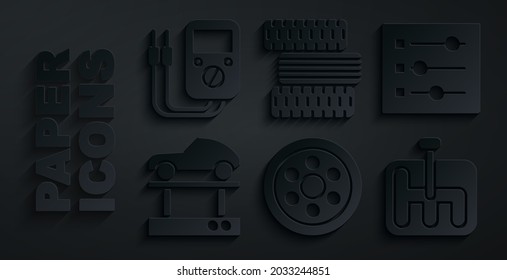 Set Alloy wheel, Car settings, Repair car on lift, Gear shifter, tire and Multimeter icon. Vector