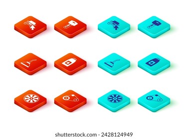Set Rueda de aleación para coche, kit de correa de distribución, aceite de máquina de motor de cartucho, llave de coche con control remoto e icono de compartir en línea. Vector