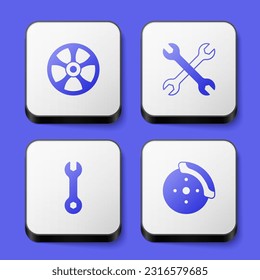 Set Alloy wheel for car, Wrench spanner,  and Car brake disk with caliper icon. White square button. Vector