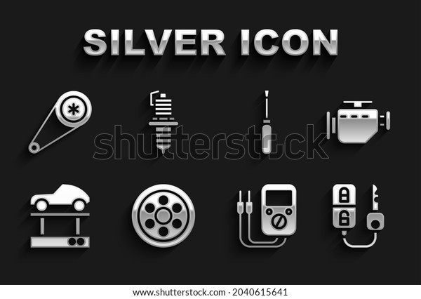 Set Alloy wheel, Check engine, Car key with
remote, Multimeter, Repair car on lift, Screwdriver, Timing belt
kit and spark plug icon.
Vector