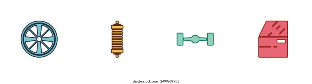 Set Legierungs-Rad, Stoßdämpfer, Chassis Auto und Autotür Symbol. Vektorgrafik