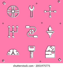 Set Alloy wheel, Wrench spanner, Wheel wrench, Gear shifter, Car battery jumper power cable, Funnel and oil drop, Speedometer and key with remote icon. Vector