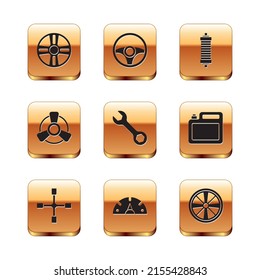 Set Alloy wheel, Wheel wrench, Speedometer, Wrench spanner, Car motor ventilator, Shock absorber,  and Steering icon. Vector