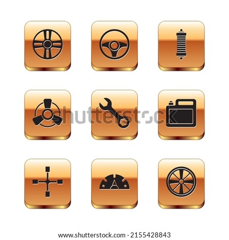 Set Alloy wheel, Wheel wrench, Speedometer, Wrench spanner, Car motor ventilator, Shock absorber,  and Steering icon. Vector