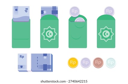A set of all-pack Ramadan Eid Mubarak banknotes and coins for the Eid al-Fitr holiday allowance (THR) of fifty thousand rupiah. A simple, flat-style vector illustration.