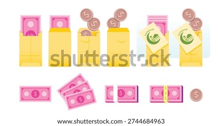 A set of all-pack yellow envelopes containing banknotes and coins, as well as Ramadan and Eid Mubarak greeting cards for holiday allowances (THR) in white envelopes. A simple, flat-style vector illustration.