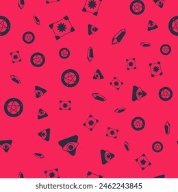 Set All-seeing eye of God, Ancient magic book, Pentagram circle and Magic stone on seamless pattern. Vector