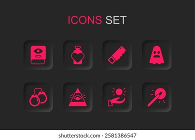 Set All-seeing eye of God, Bottle with love potion, Ancient magic book, Ball levitating above hand, Ghost, Magic wand, Hand saw and Handcuffs icon. Vector