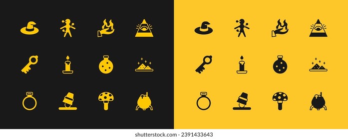 Set All-seeing eye of God, Game thimbles, Bottle with potion, Psilocybin mushroom, Burning candle, Hand holding fire, Witch hat and Voodoo doll icon. Vector