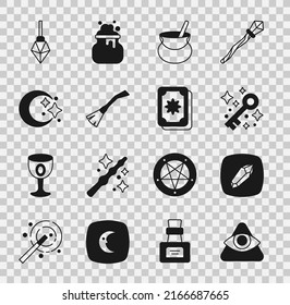 Fijar el ojo de Dios, la piedra mágica, la llave mágica antigua, el caldero de brujas, la escoba de brujas, la luna y las estrellas, y el icono de las tarjetas Tarot. Vector