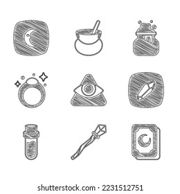 Fijar el ojo de Dios, personal mágico, tarjetas Tarot, piedra, Botella con poción, anillo, caldero de Brujas y Luna e icono de estrellas. Vector