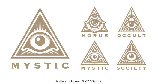 Conjunto de símbolos de pirâmide ocular com visão completa, com desenhos místicos e ocultos. Perfeito para logotipos vetoriais e ilustrações conceituais. Elementos de design Esotérico Horus.