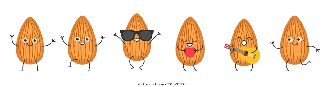 Set almond character cartoon nut emotions joy happiness smiling face jumping running sings icon beautiful vector illustration 