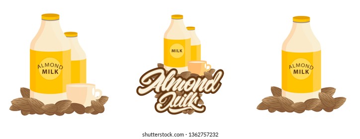  Set of Almond milk illustrations with lettering and typography . Vector 