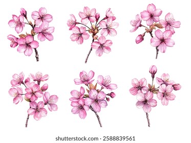 Set of almond tree blooming branches isolated on white. Vector illustration of pink sprint tree flowers blossom. Collection of six flowering sakura branches. Springtime clipart. Sakura flowers