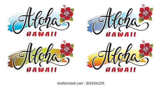 Set of aloha hawaii lettering inscriptions with red hibiscus flower. Vector illustration.