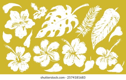 Set of Aloha hibiscus flower Hawaiian tropical. Print with scuffs. Template nature floral vector abstract background. Collection of white exotic leaves with flowers hibiscus on yellow background.