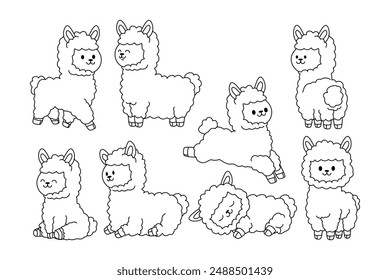 Set of alpaca doodle collection, alpaca outline coloring page or book animals for kindergarten, Vector line art set of animals wildlife, Hand drawn, Minimal alpaca line art doodle in different pose.