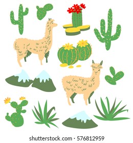 Set with alpaca - south america's lama. Collection with lama and cactus in cartoon style. Vector floral illustration