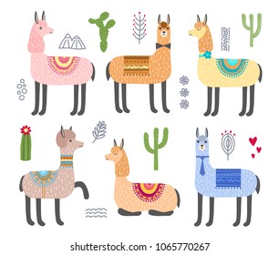 Set of alpacas, llamas and cacti. Isolated objects on white background. Vector illustration.