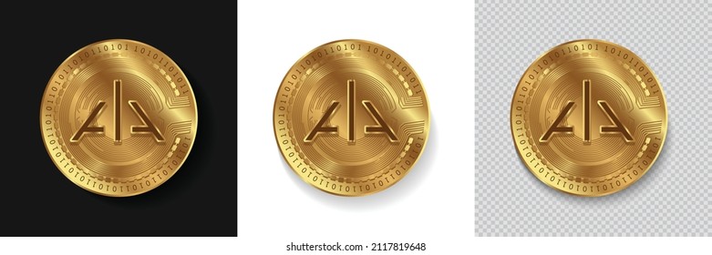 Set of Alpha Finance Lab ALPHA cryptocurrency logo in golden coins vector illustration isolated in white, dark and transparent background. Can be used as crypto label,sticker, icon and badge svg