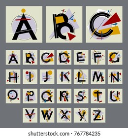 Set of alphabet with capital letters, made up of simple geometric shapes, in Modern Suprematism style, inspired by paintings of Soviet artist of the twentieth century Kazimir Malevich. EPS8 vector