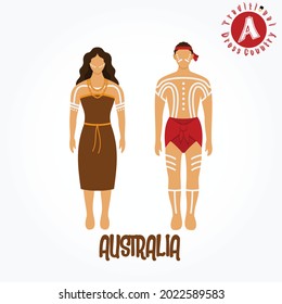 Set of alphabet cartoon characters in traditional clothes. A for Australia.