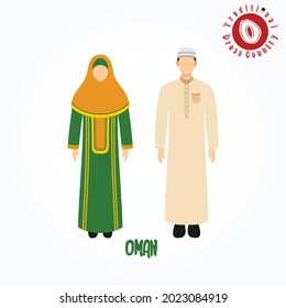 Set of alphabet cartoon characters in traditional clothes. O for Oman.