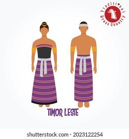 Set of alphabet cartoon characters in traditional clothes. T for Timor Leste.