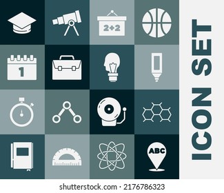 Set Alphabet, Chemical formula, Marker pen, Chalkboard, Briefcase, Calendar first september date, Graduation cap and Light bulb with concept of idea icon. Vector