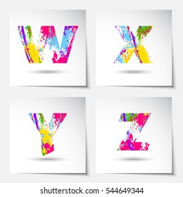 Set of Alphabet with colors splash style on grungy vector illustration