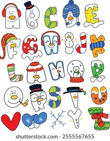 A set of alphabet design for merry christmas  line art vector illustration