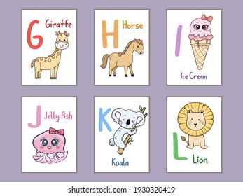 Set of Alphabet flash card design illustration for kids G H I J K L