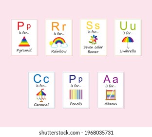 Satz von Alphabeten-Flash-Karten mit regenbogenfarbenen Objekten. Cartoon-Flachstil. Vektorgrafik
