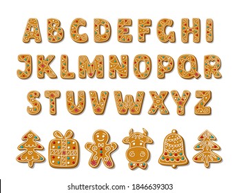 Set of alphabet holidays gingerbread cookies. Christmas abc letters font. Vector Illustration.