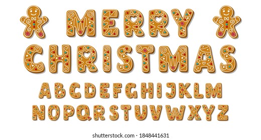 Set of alphabet holidays gingerbread cookies. Christmas abc letters font. Vector Illustration.