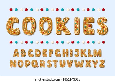 Set of alphabet holidays gingerbread cookies. Christmas abc letters font. Vector Illustration.