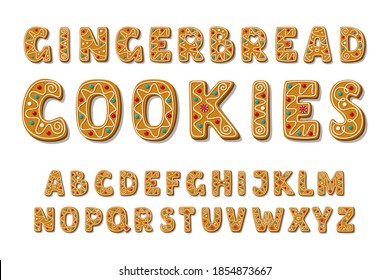 Set of alphabet holidays gingerbread cookies. Christmas abc letters font. Vector Illustration.