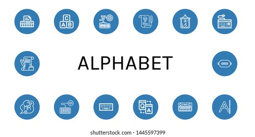 Set of alphabet icons such as Keyboard, Abc block, Letter, Logogram, Mr, Q a, P t , alphabet