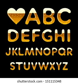 Set of alphabet latin letters filled with beer on black background. Vector illustration.  