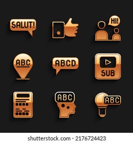 Set Alphabet, Learning foreign languages, Creative lamp light idea, Video with subtitles, Exam sheet, Two sitting men talking and Salut different icon. Vector