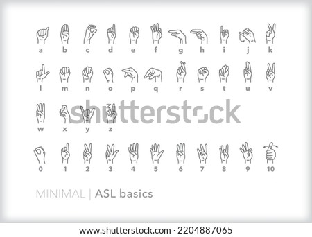 Set of alphabet letter and number icons for communicating by signing in ASL (American sign language)